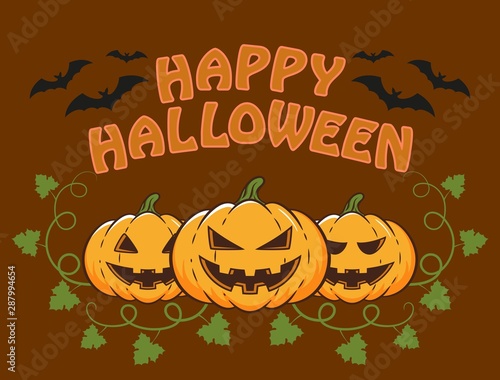 Color illustration of pumpkin bats and text on the background. Vector illustration on the theme of the celebration of Halloween