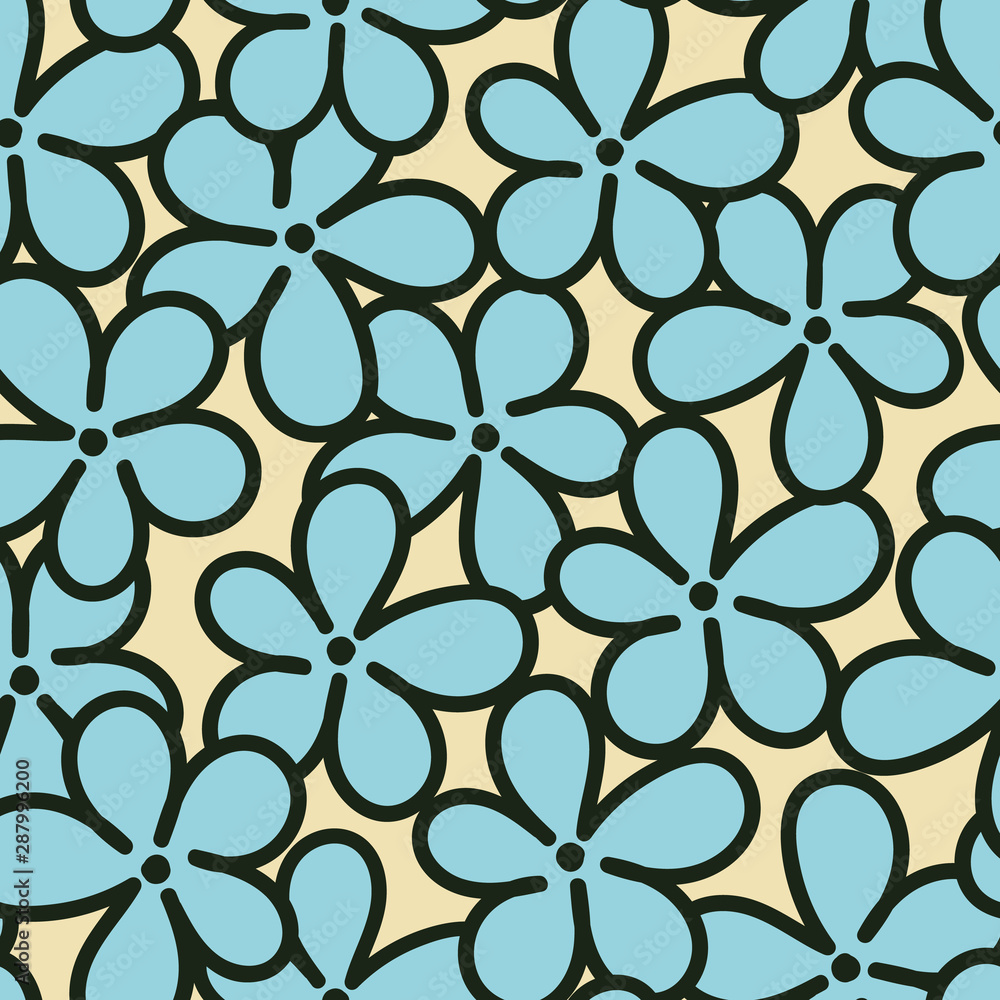 Fototapeta premium A seamless vector pattern with simple blue forget me not flowers on a pastel yellow background. Surface print design.