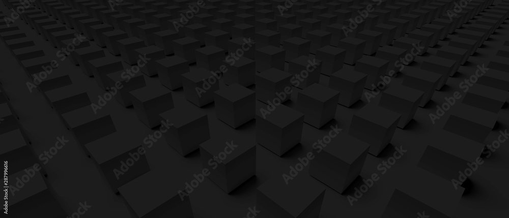 abstract  dark grey  background with cubes in a wide angle perspective view. 3d illustrator, wallpaper