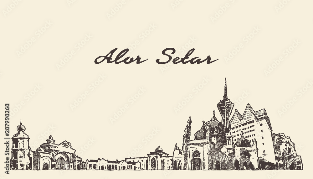 Alor Setar skyline Malasia hand draw vector sketch