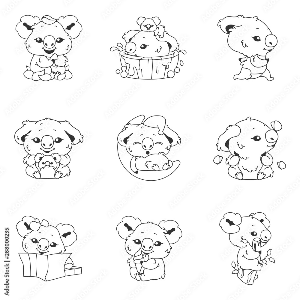 Obraz premium Cute koala kawaii linear characters pack. Adorable and funny animal running, bathing, sleeping on moon isolated stickers, patches. Anime baby koala doodle emojis thin line icons set