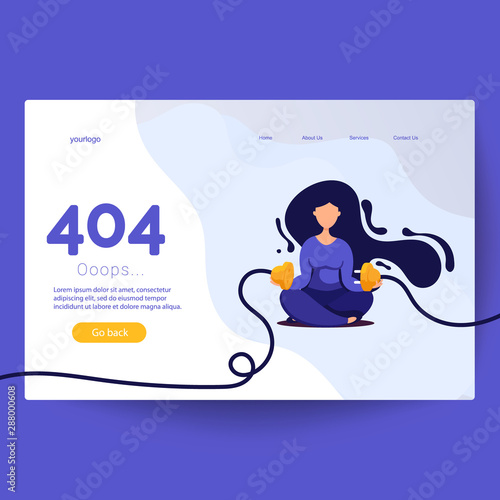 Illustration of creativity 404 page not found error. Woman unplugged electric plug and socket