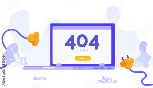 Page not found Error 404. Sorry, page not found. Unplugged electric plug and socket.