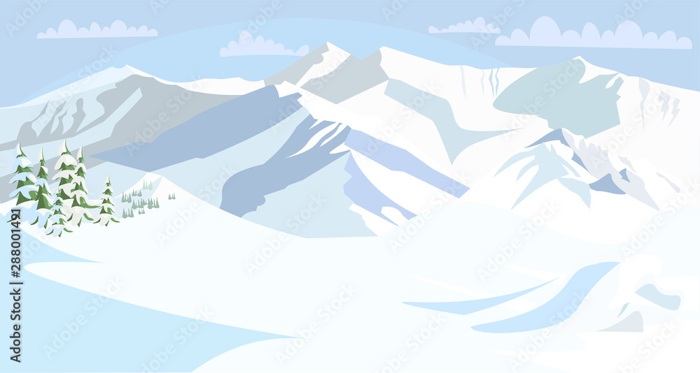 Winter mountains scenery flat vector illustration