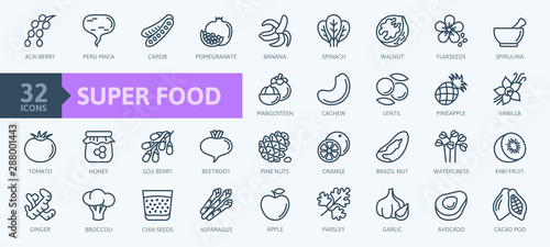 Super food - thin line icon set of fruits, vegetables, berries, nuts, roots and seeds. Outline icons collection of healthy detox natural products, organic food ingredients for health and diet. 