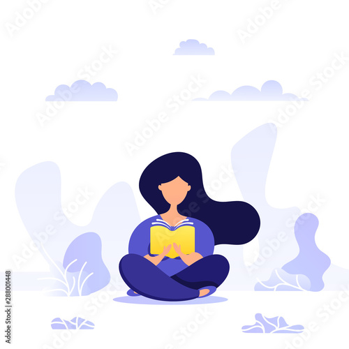 Creative illustration of young girl sitting legs crossed and read book.