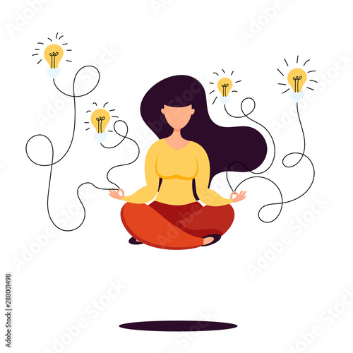 Flat design vector illustration of girl levitates with luminous bulbs in the air. Our planet sleeps.