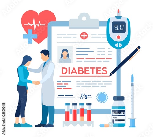 Medical diagnosis - Diabetes. Diabetes mellitus type 2 and insulin production concept. Doctor taking care of patient. Blood glucose meter, pills, syringe and insulin vial. Vector illustration.