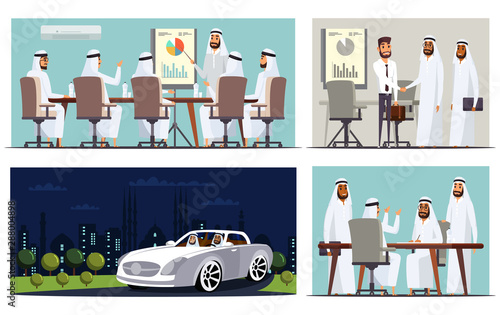 Arab businessmen flat vector illustrations set