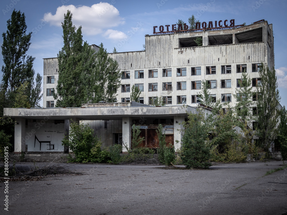 Ruins of the abandoned Polissya hotel in Pripyat city, Chernobyl Exclusion Zone, Ukraine
