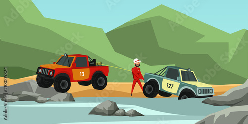 Off road racing accident flat vector illustration