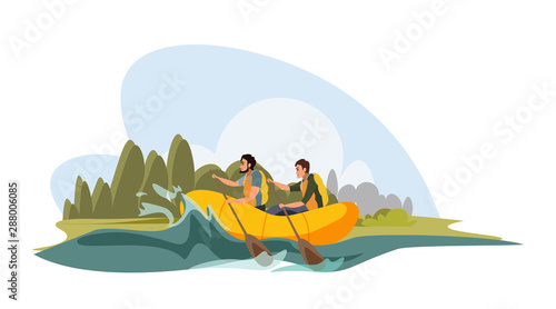 Tourists enjoy water rafting vector illustration