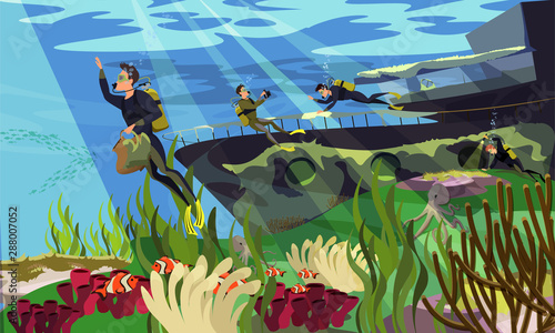 Underwater explore flat vector illustration