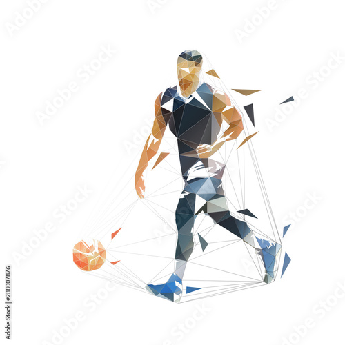 Basketball player running with ball, dribbling. Isolated vector low polygonal illustration, front view. Basketball point guard, geometric style