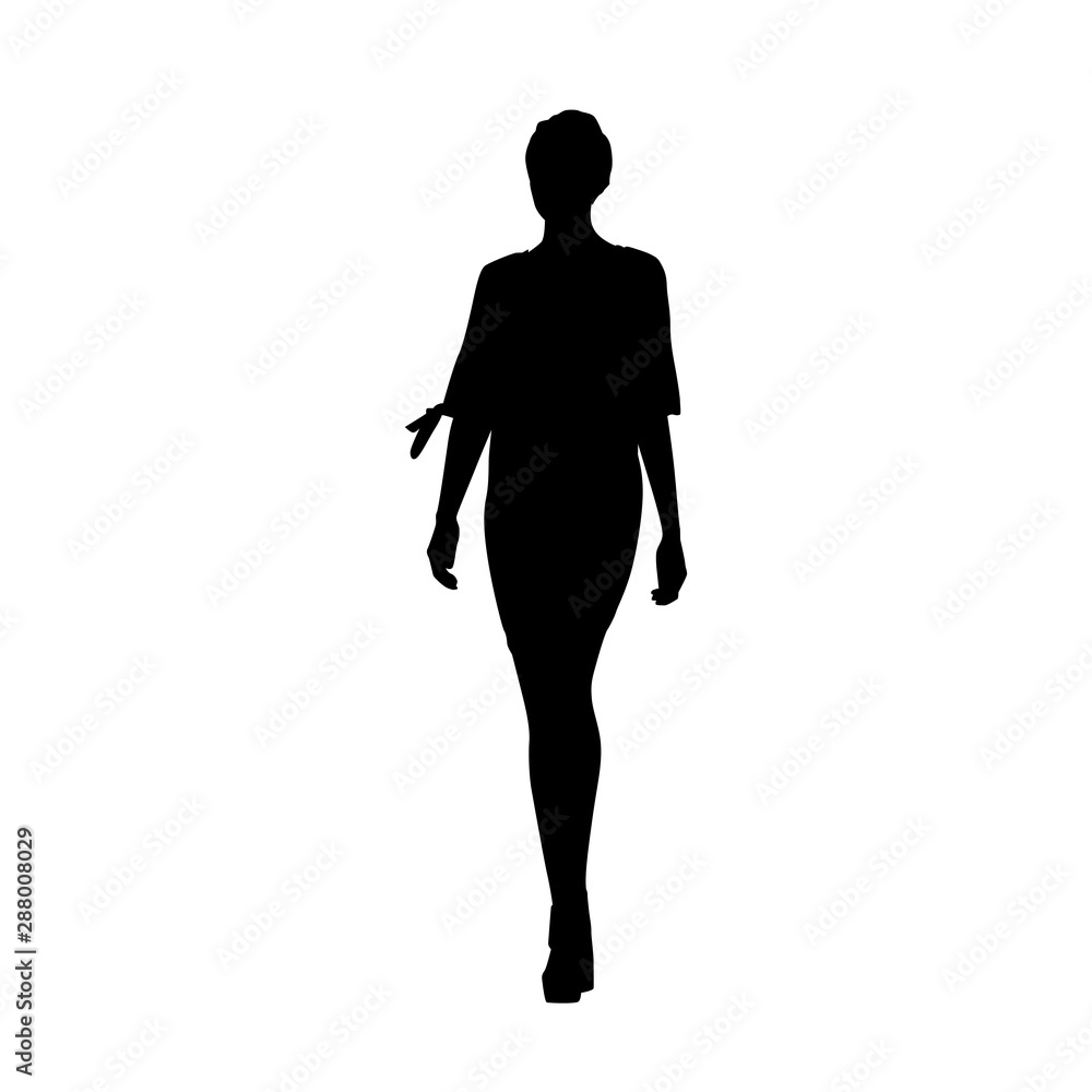 Woman standing, isolated vector silhouette. Slim body, high heels, short hair, long legs. Young adult lady