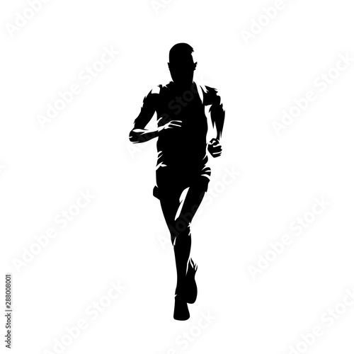 Marathon runner, isolated vector silhouette, front view. Running athlete