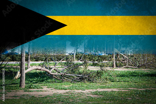 Trees broken by heavy storms and flag of Bahamas. Digital composition photo