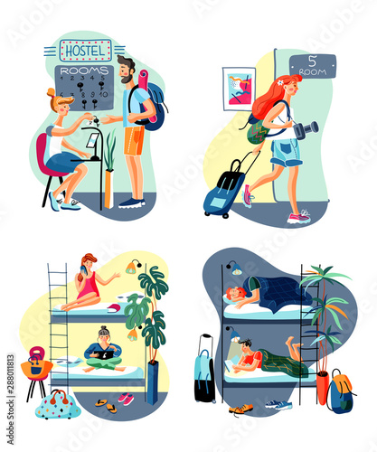 Room booking flat vector illustrations set