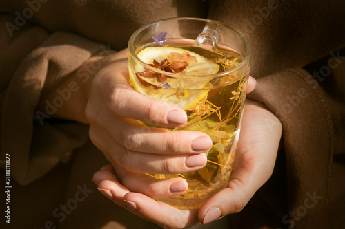 Wallpaper Mural Autumn concept. Girl holding a transparent cup of tea with herbs. Torontodigital.ca