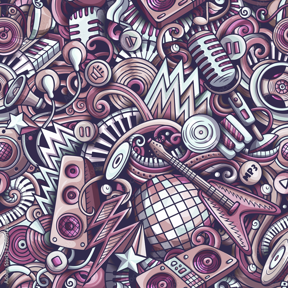 Cartoon cute doodles Disco music seamless pattern Cartoon cute doodles Disco music seamless pattern