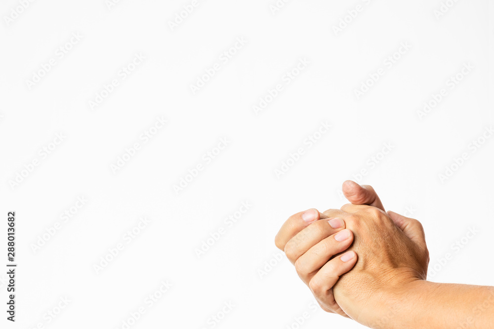 Fototapeta man rubbing his hands isolated in white background