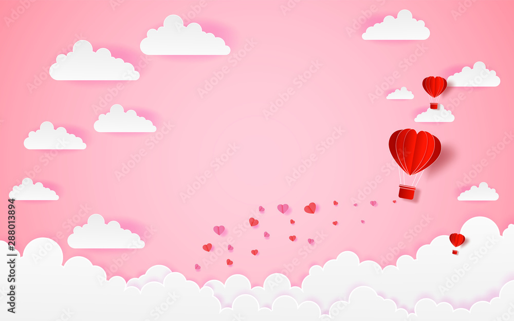 love and valentine day with heart float on the sky.paper art ,Origami made hot air balloon flying over grass vector illustration love and valentine day with heart float on the sky.paper art ,Origami made hot air balloon flying over grass vector illustration