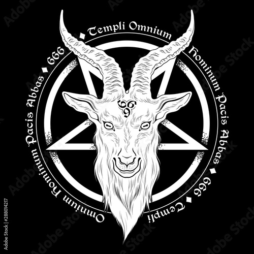 Baphomet demon goat head hand drawn print or blackwork flash tattoo art design vector illustration. Latin inscription translation - father of the temple of peace of all men.