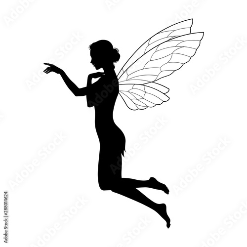Beautiful girl fairy silhouette in profile isolated. Boho chic tattoo, sticker or print design vector illustration.