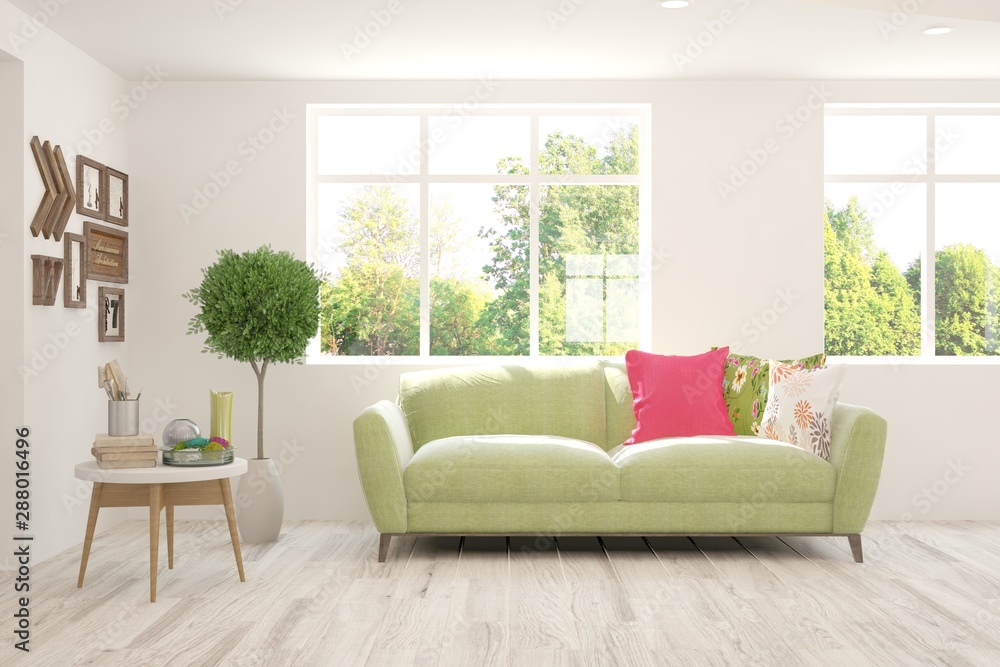 Naklejka premium Stylish room in white color with sofa and summer landscape in window. Scandinavian interior design. 3D illustration