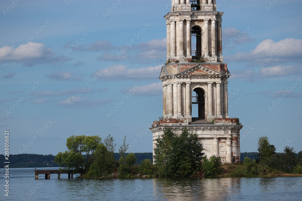 Beautiful view to flooded bell tower on Volga river in Kalyazin, Russia