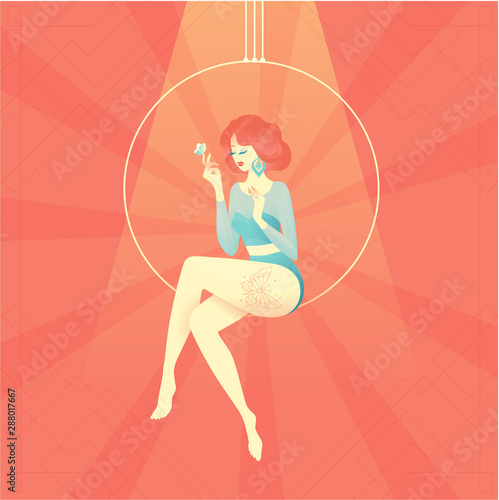 Girl circus actress show cabaret. Stylish vintage, transparent gradient. plot from the past. 1920s fashion magazine, art deco style, luxury, high society woman. Under the circus dome