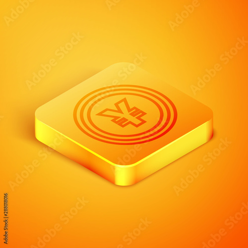 Isometric line Cryptocurrency coin Bitcoin icon isolated on orange background. Blockchain technology, bitcoin, digital money market, cryptocoin wallet. Orange square button. Vector Illustration