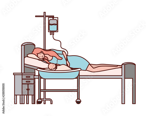 mother with newborn baby in stretcher