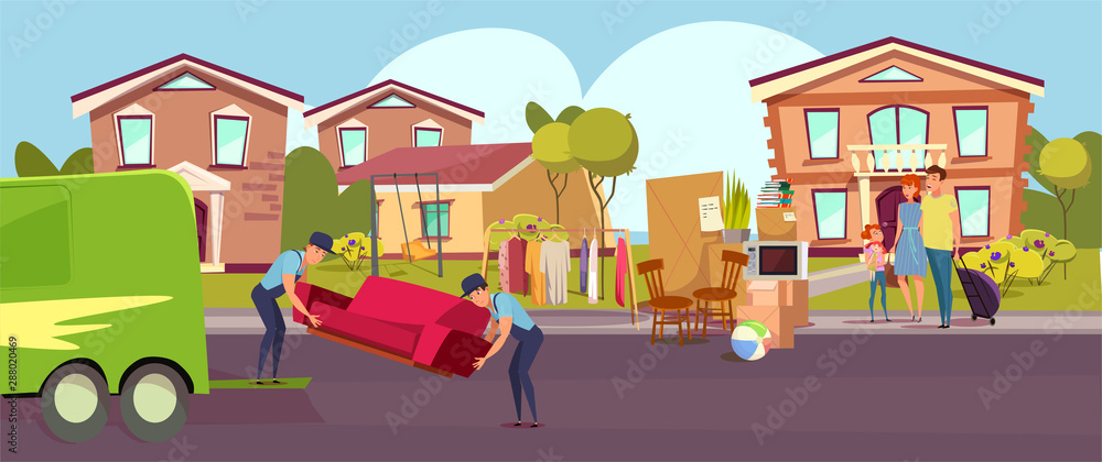 Family relocating, moving flat vector illustration