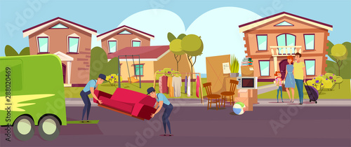 Family relocating, moving flat vector illustration