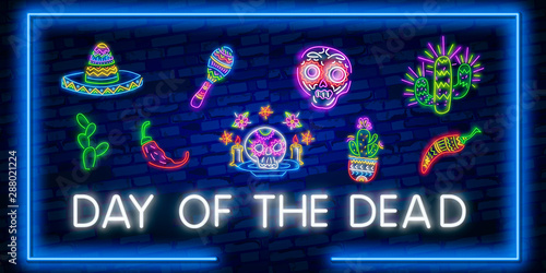 Skull neon sign. Day of the Dead Dia de Muertos . Neon sign, bright signboard, light banner.