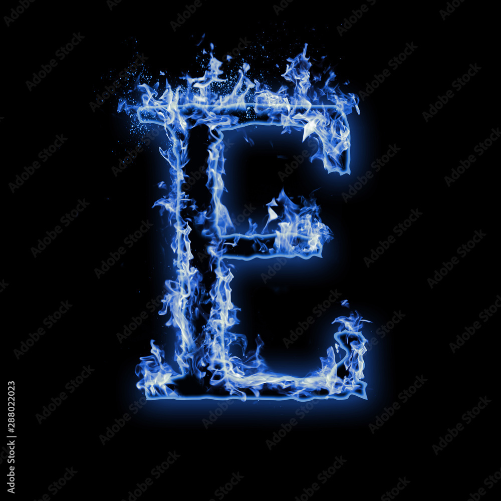 Letter E. Blue fire flames on black isolated background, realistic fire ...