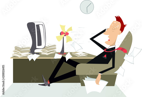 Upset and tired businessman is in the office illustration. Man in the office sits in the armchair in front of the tabletop fan and puts hand on the head