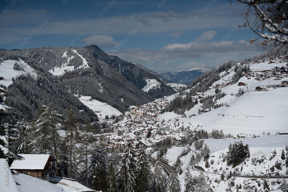 Santa Christina in Winter, beautiful winter Landscape of a Alpine Town in Val Gardena, South Tyrol