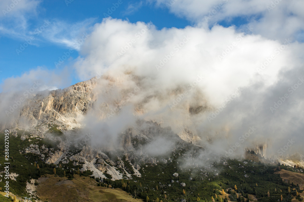 Dolomites covered in Clouds, Cir Mountains above Dantercepies in Val Gardena