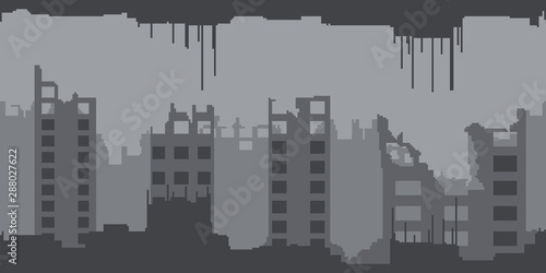 Post apocalyptic abandoned city - horizontal seamless pixelated backdrop with ruins of the town after accident for 8-bit games. Can be used as pixel background for creating levels, wallpapers etc.