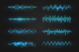Sound waves icon set. Luminous lines depicting a sound or radio wave, music equalizer or digital cardiogram, GUI design element template. Isolated vector illustration.