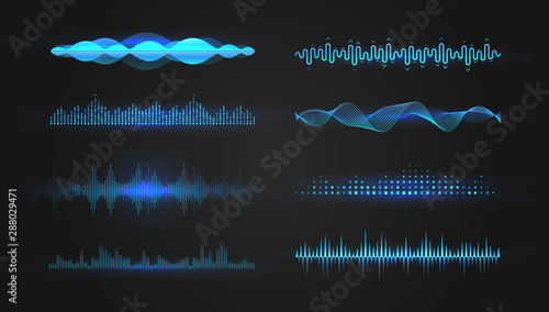 Blue equalizer waves on black background. Realistic set of sound and radio wave. Digital voice graphic design, vector illustration.