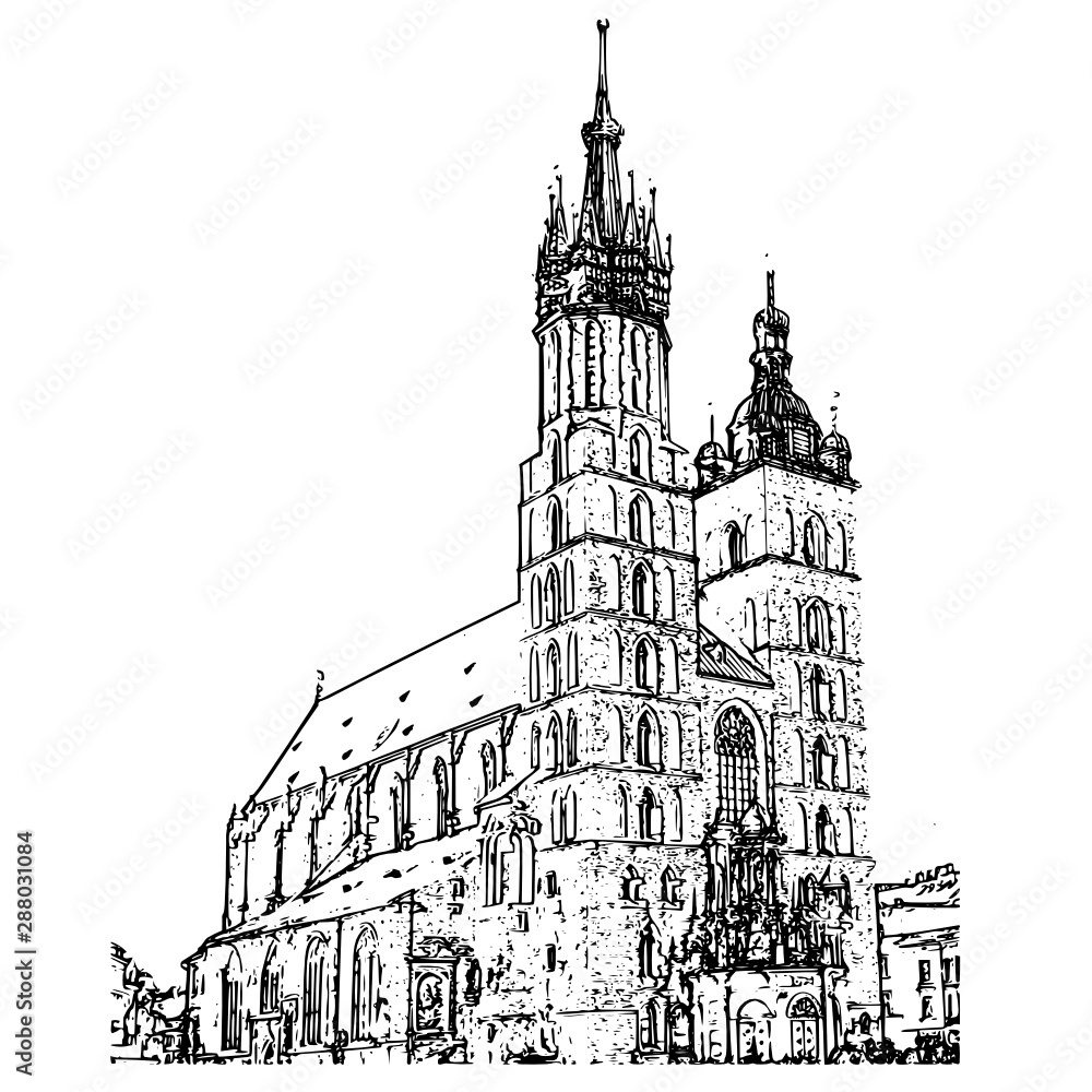 Mariacki church in Krakow vector sketch