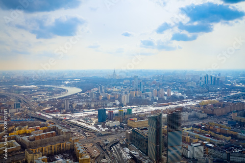 Aerial photography Moscow in early spring. Still some places snow.