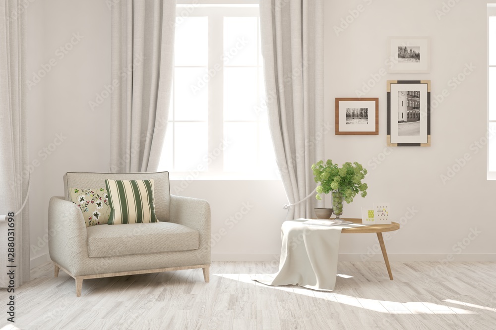 Fototapeta premium Stylish room in white color with armchair. Scandinavian interior design. 3D illustration