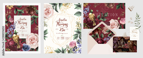 Wedding invitation, save the date or flyer\card for any event and party. Original floral greeting with flowers, plants, leaves and a bird of paradise of happiness