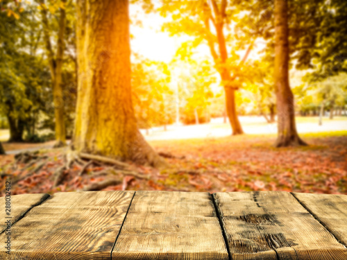 Wooden table top with autumn background. Empty space for decoration  text or products.