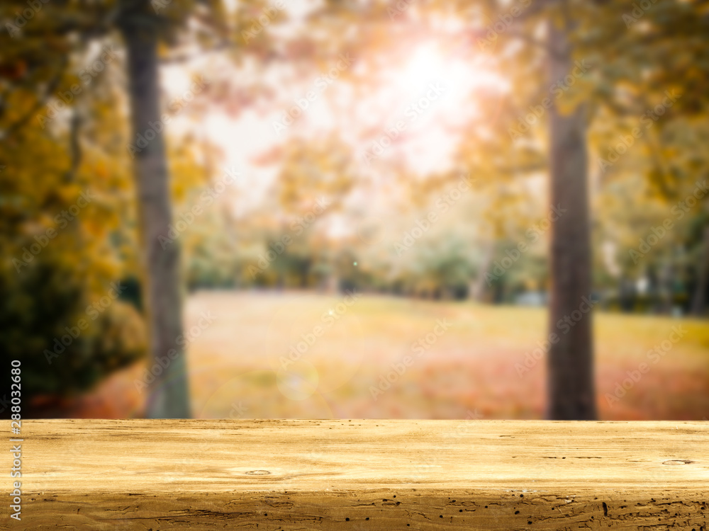 Wooden table top with autumn background. Empty space for decoration, text or products. Wooden table top with autumn background. Empty space for decoration, text or products.