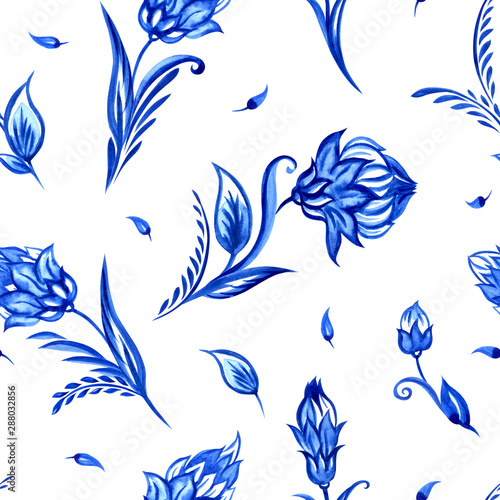 Seamless pattern of fabulous flowers in oriental or in the Dutch style on a white background. Background for porcelain painting  print for fabric and other designs.